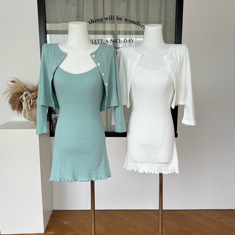 Pure Desire Standard Green Knitted Sleeveless Strap Waist-Cinching Dress Cardigan Set Cotton Blend from Source Factory