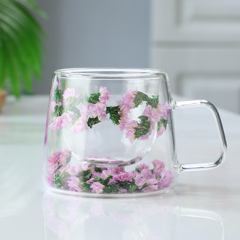 Cross-border Packaging: Trendy Real-flower Glass Cup, High-appearance Coffee Cup Handle, Double-layer Mug With Dried_voghion.com