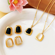 marka欧美夸张多彩猫眼石吊坠设计时尚女钛钢饰品套装耳钉项链ins