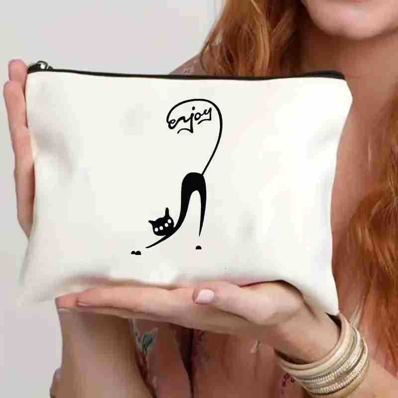 Bolso cosmético transfronterizo de las mujeres de Amazon lindo gato creativo bolsa de cosméticos bolsa de almacenamiento de lino bolsa de cremallera impermeable