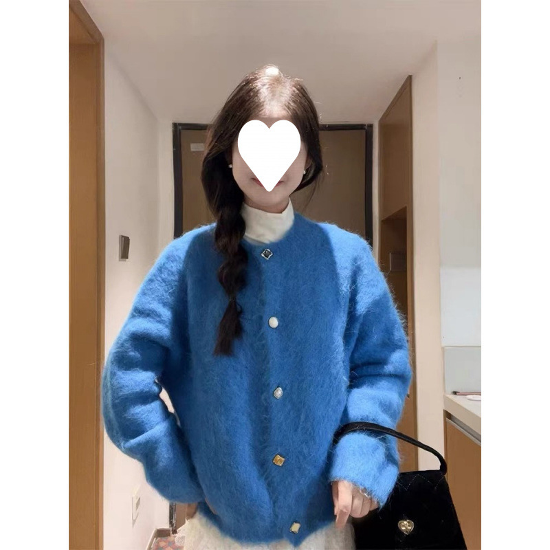 Cline azul de punto cardián de mujer nuevo primavera y otoño de alta calidad sensación suave de peluche engrosado suéter abrigo de moda image 1