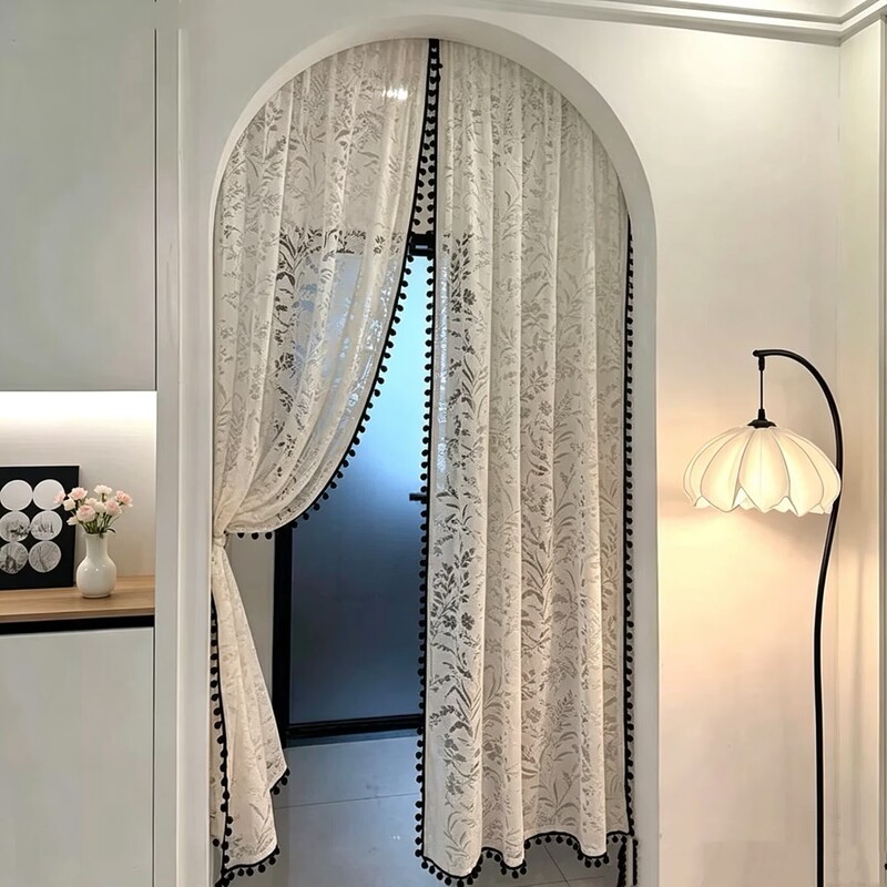 French-style fringed door curtain with exquisite hollow design, sheer curtain in warm sunlit colors, creating a cozy atmosphere, vintage-style door curtain, and Feng Shui partition curtain French-style fringed door curtain with exquisite hollow design, sheer curtain in warm sunlit colors, creating a cozy atmosphere, vintage-style door curtain, and Feng Shui partition curtain