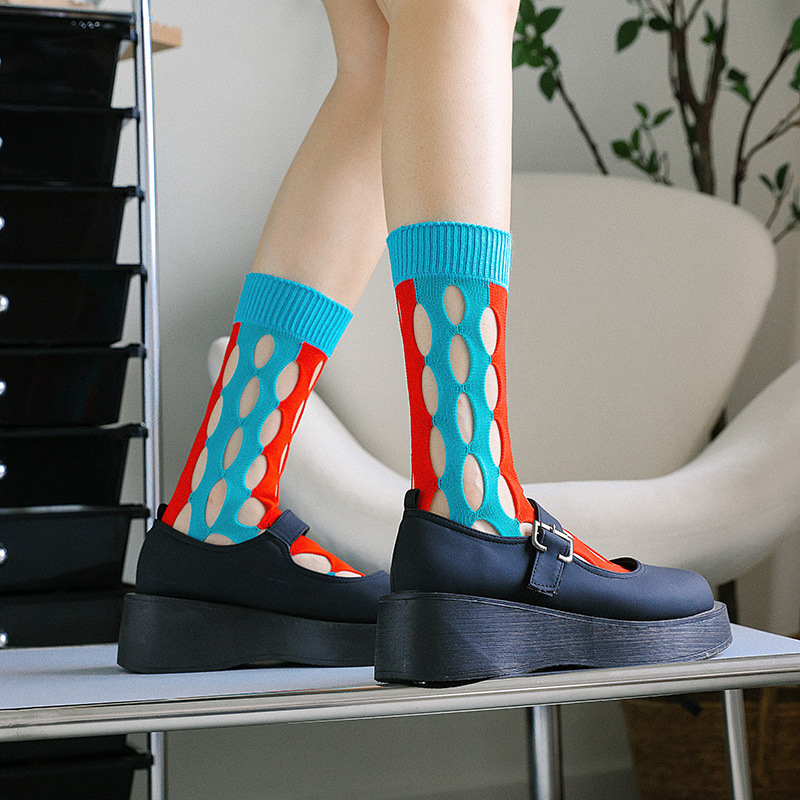 AMUSIVE Hollow Socks Japanese Mesh Contrast Stacked Socks Spring and Summer Western Empress Dowager Stitching Hole-Digging Medium Socks