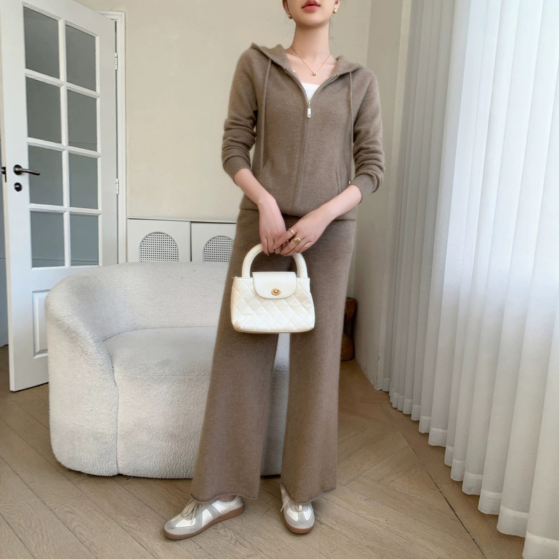 2025 Autumn and Winter Hooded Zipper Cashmere Cardigan Women's Outwear Elegant Wide Leg Pants Knitted Sports Suit Two-Piece Set