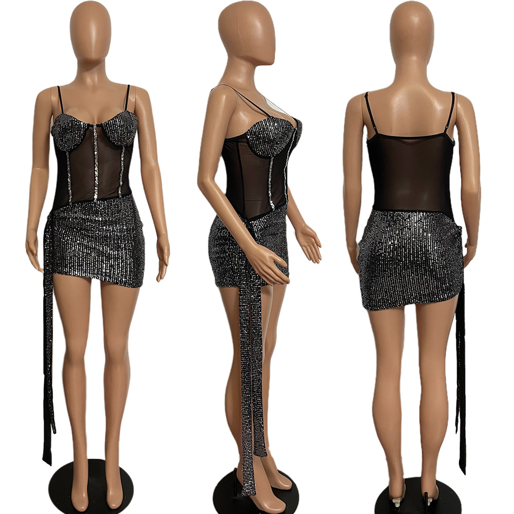 Women's Clothing summer sequined mesh dress nightclub sexy short skirt dress_voghion.com