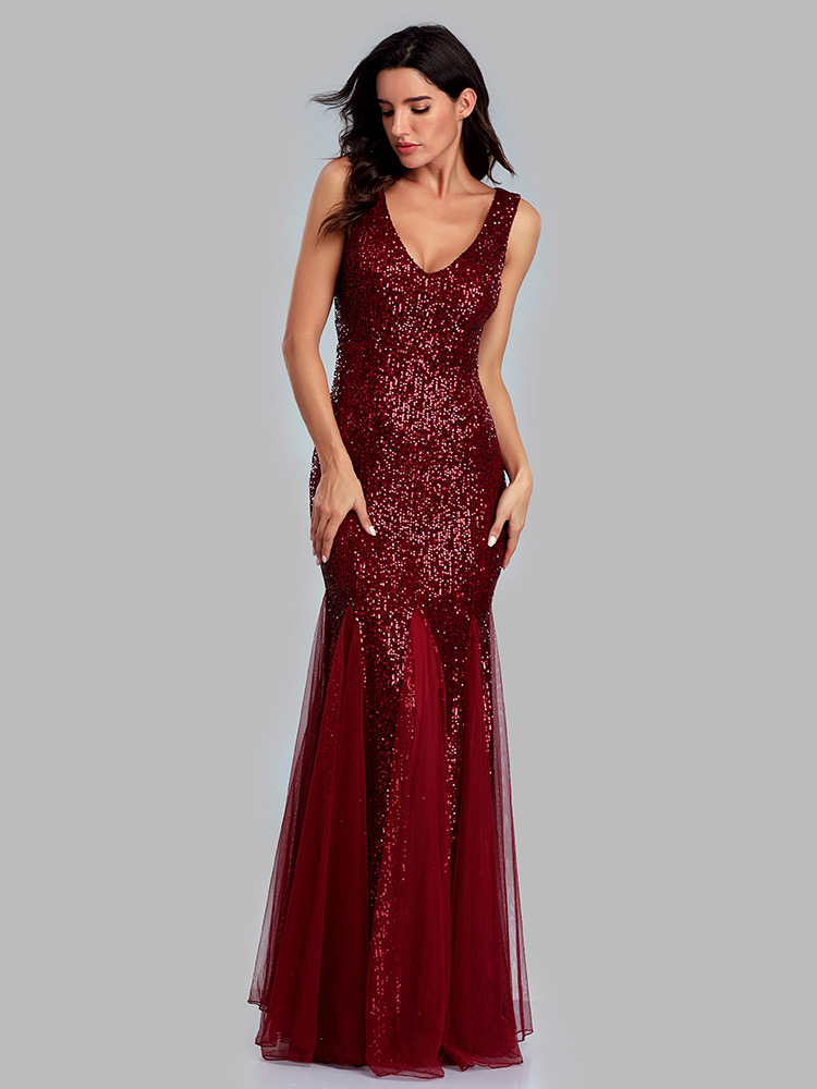 Elegant, Luxurious Style Wholesale Elegant Luxurious Sequins Solid Color Banquet V Neck Sleeveless Party Dress