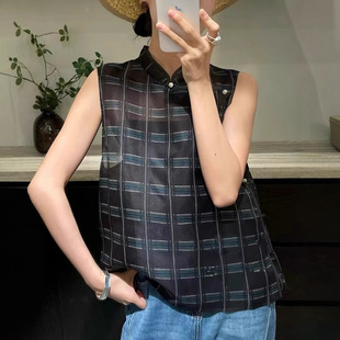 Casual Design Checkerboard Double-Layer Silk Organza Printed Stand-Up Collar Oblique Placket Jade Button Summer Sleeveless Vest