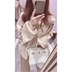 哥家商场同款女装2025秋季时尚V领毛衣宽松慵懒灯笼袖针织毛衣