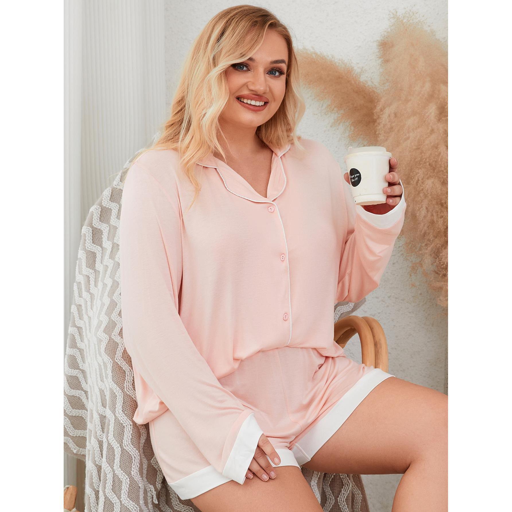 Large size sleepwear for women in spring and summer, Modal 200 pounds, fat mm, long sleeved short home suit set_voghion.com