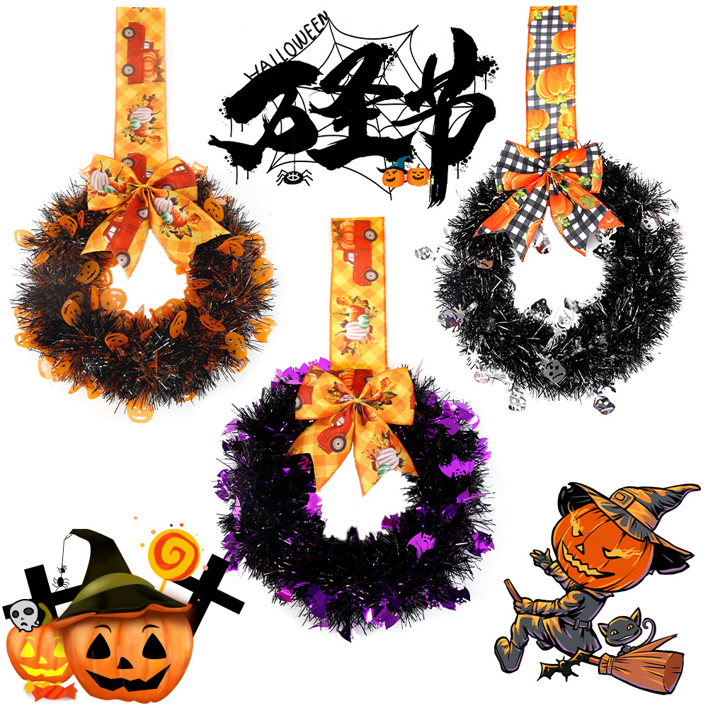 Adorno de Corona de Lazo para Halloween, Decoración para Fiesta del Festival de los Fantasmas, Suministros de Decoración con Calavera, Calabaza, Cinta, Enredadera Artificial, Círculo para Colgar en la Puerta