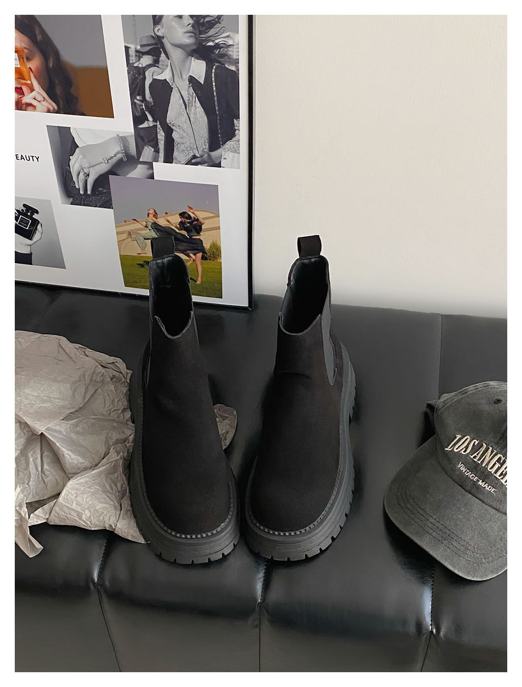 Retro all-in-one platform booties Women's new ankle boots with thick heel elastic sanded leather boots_voghion.com