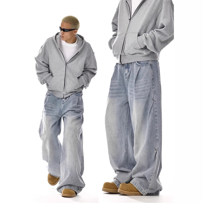 American Style Vintage Washed cleanfit Jeans Unisex Trendy Brand High Street Straight All-match Loose Casual Wide-leg Pants
