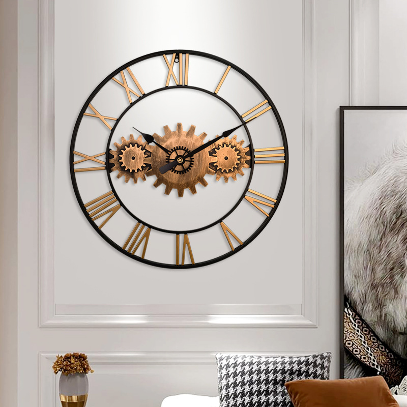 亚马逊美式铁艺齿轮挂钟 客厅厨房静音大壁钟 艺术钟表clock