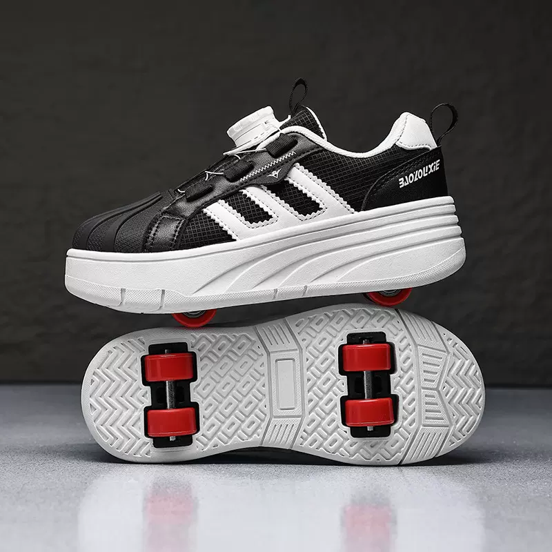 儿童暴走鞋四轮小学生轮滑运动鞋子旋钮扣网面透气男童女童爆走鞋