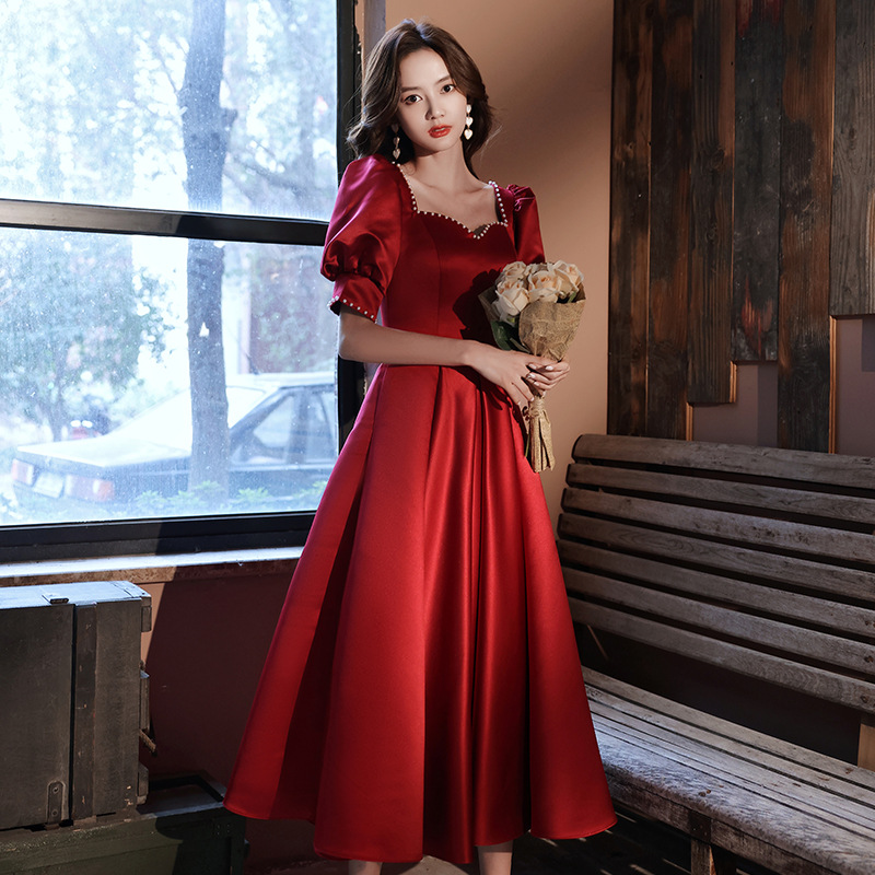 法式敬酒服新娘2021夏季新款超仙答谢宴结婚礼服酒红色订婚连衣裙