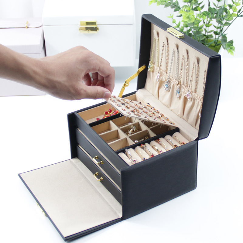 跨镜热卖批发三层带锁收纳盒戒指耳环项链吊坠饰品防尘便携首饰盒