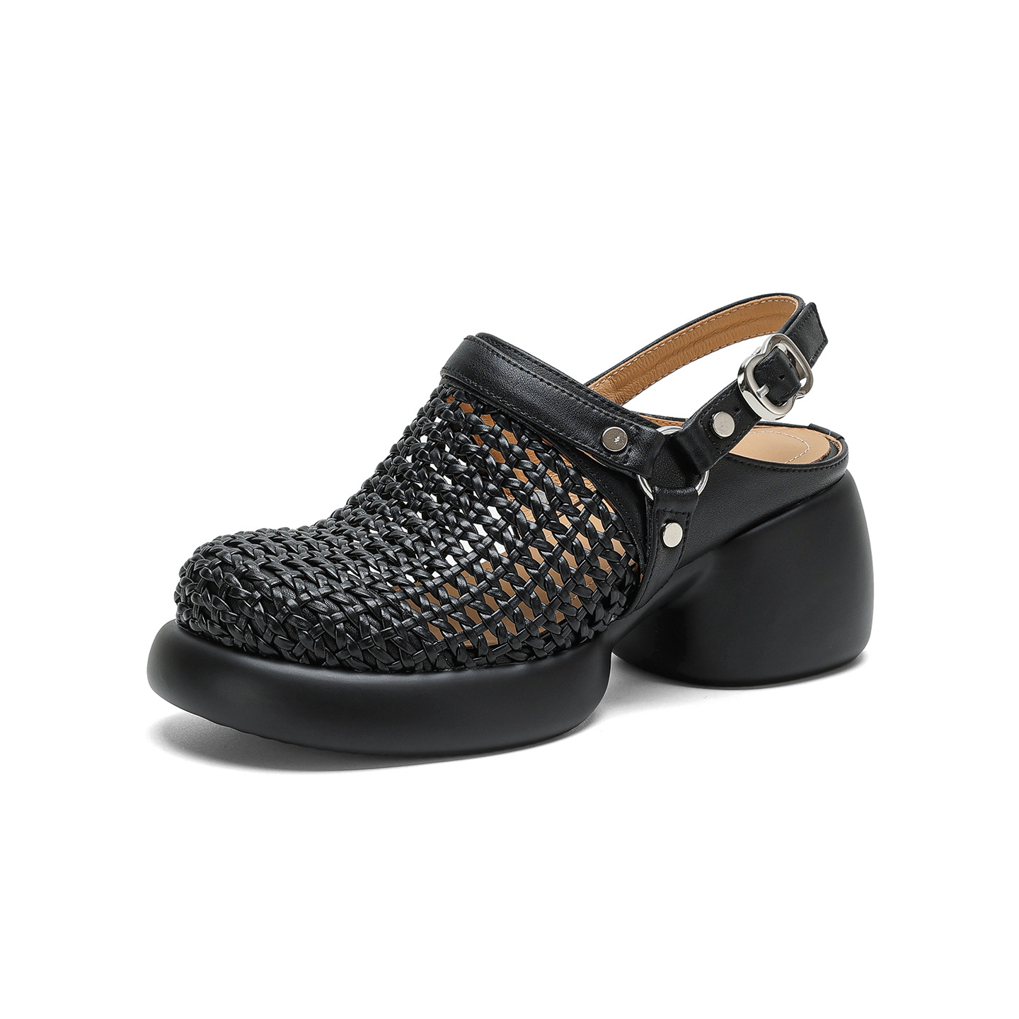 Sandal cao gót nữ mũi hở đế dày gót 6 cm phong cách dệt — đen chi tiết 25