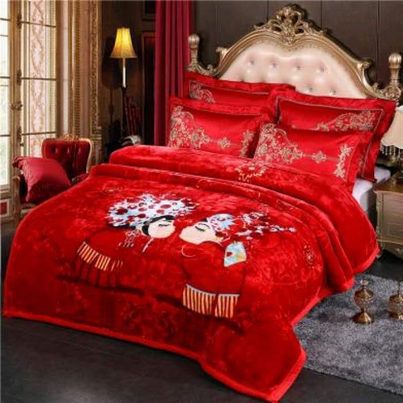 중국 웨딩 담요 큰 빨간 두꺼운 더블 레이어 웨딩 해피 캐릭터 동반 웨딩 겨울 담요 구름 담요 선물 10KG