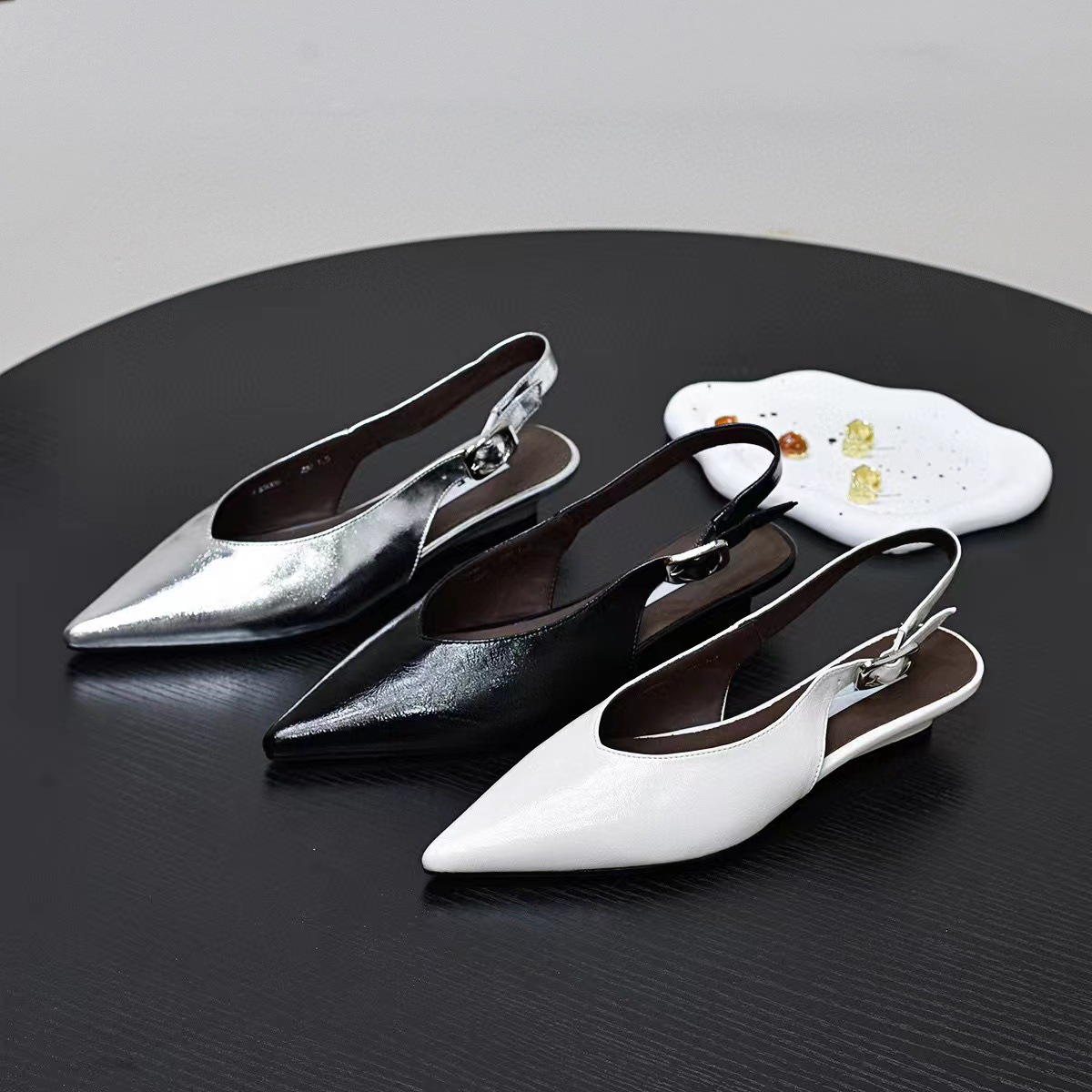 Sandal cao gót nữ mũi nhọn quai ngang da thật, gót xuồng 7 cm — đen chi tiết 8