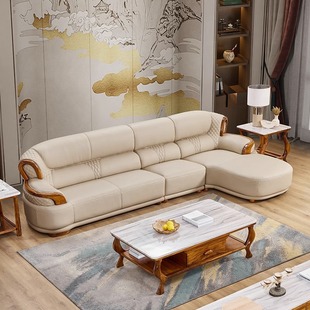 New Chinese style ebony leather sofa combination solid wood large and small apartment luxury living room light luxury villa furniture