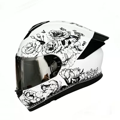 Motosiklet kaskı (dəbilqə) helmet with built-in Bluetooth slot - black-hundred-flowers-silver-plated-mirror-m-54-55