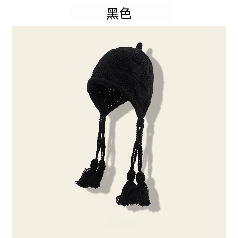2025新款时尚贴布流苏红色毛线帽子女士秋冬季保暖手工辫子针织帽|undefined