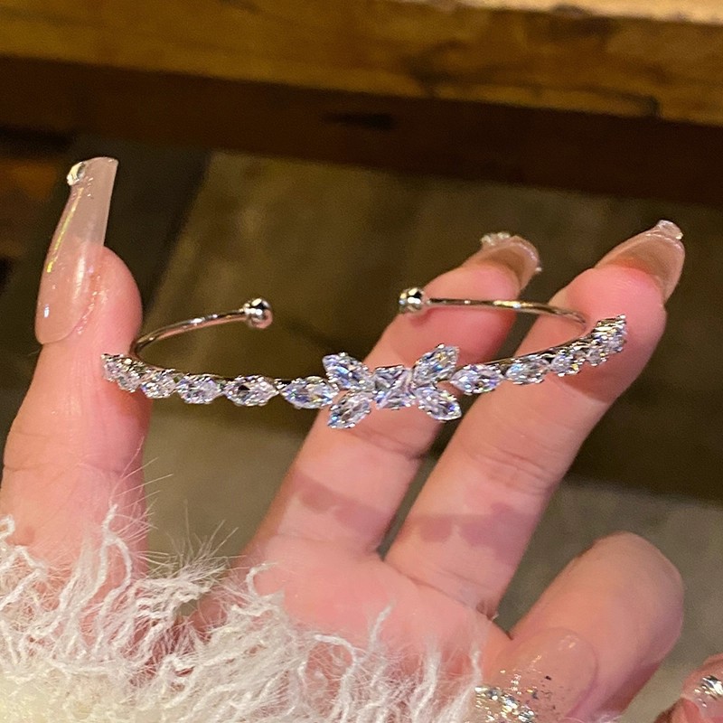 Silver Wheat Butterfly Diamond Bracelet - Open