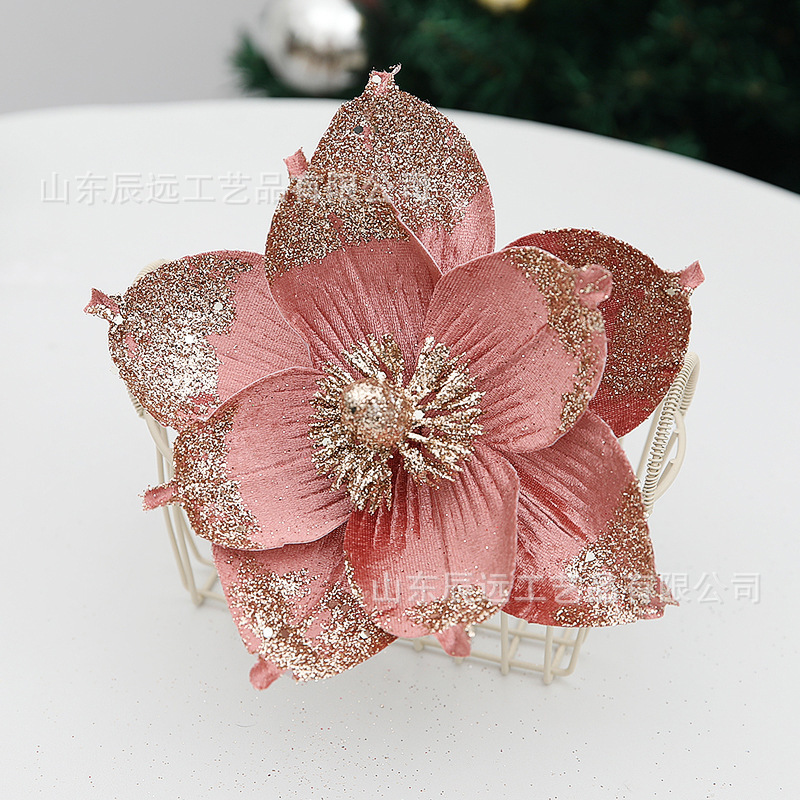 仿真花圣诞树家居装饰热卖圣诞花 金粉亮片9叶花瓣节日派对装饰品|undefined