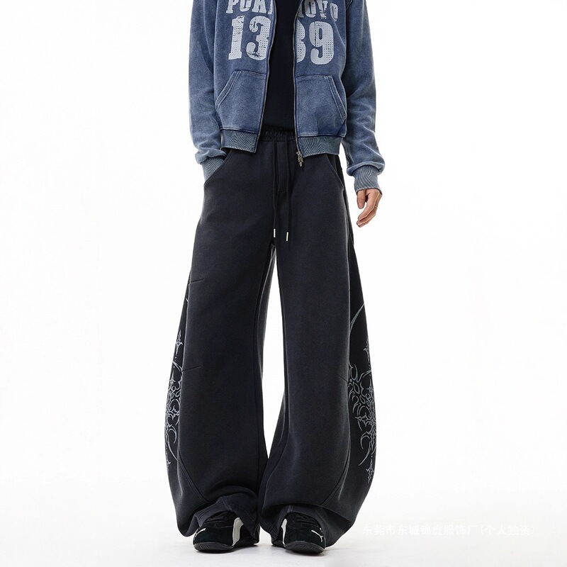 2025 Printed European and American Style Sweatpants for Men, Straight-Leg Pants, Pure Cotton, Heavyweight, Retro Couple Style, Loose Trendy Brand Wide-Leg Casual Pants