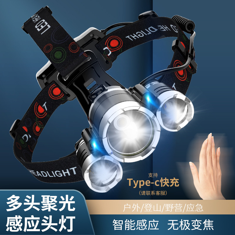 Fabricante al por mayor luz fuerte 3led USB carga inducción faro zoom de alta potencia T6 faro de pesca nocturna