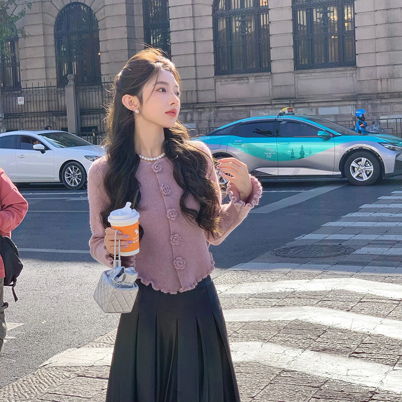 ChicShe ChicShe 2024 Cardigan lavorato a maglia color camelia viola per donna, stile coreano, inizio autunno, unico e bellissimo, cappotto corto versatile_voghion.com