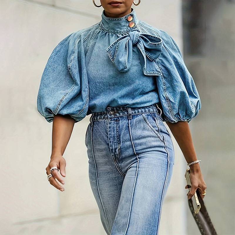2024 New European and American Cross-border Amazon Export Women's Lace-up Denim Top Turtleneck Button Blue Jacket for Women