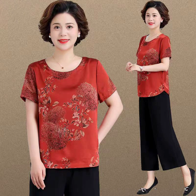 Silk summer clothing for mother, sleeves, summer set, with short sleeve, western style