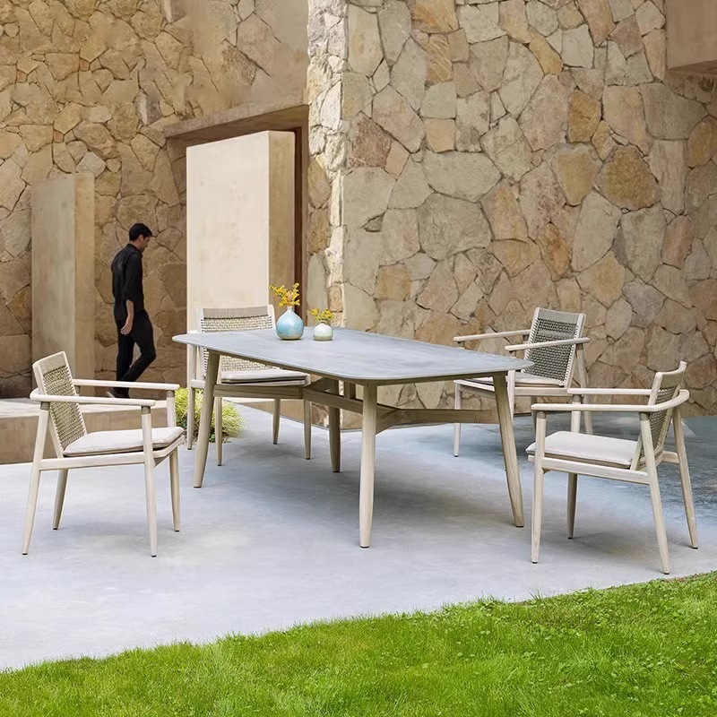 Mesas y sillas de teca para exteriores, conjunto de muebles impermeables y resistentes al sol para patio de villa, mesas y sillas de madera maciza anticorrosivas para terraza de jardín.