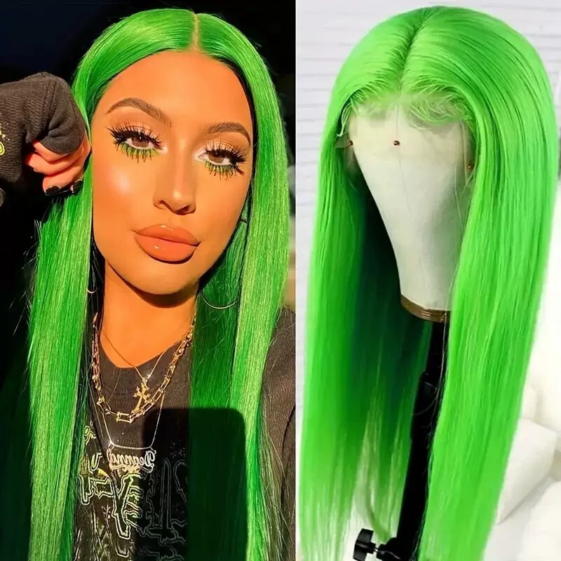 Foreign Trade European and American Cross-Border Special Supply of Chemical Fiber Front Lace Wig 13*4 Green Straight Hair Front Lace Chemical Fiber Headgear Manufacturer