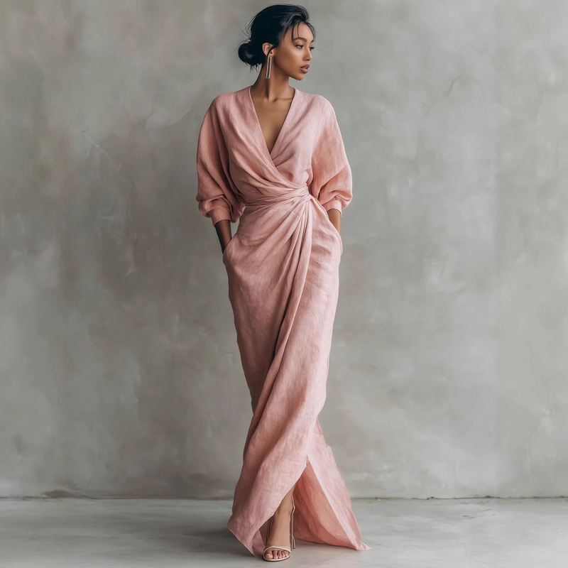 In-Stock 2026 Independent Site Cross-Border European and American Solid Color V-Neck Long Women's Dress with Belt, Vacation Style Dress In-Stock 2026 Independent Site Cross-Border European and American Solid Color V-Neck Long Women's Dress with Belt, Vacation Style Dress