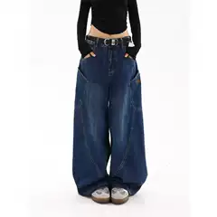 American Style Retro Large Pocket Machete Jeans Women's Spring and Autumn Hot Girl High Street Design Sense Loose Wide Leg Floor Pants