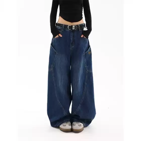 American Style Retro Large Pocket Machete Jeans Women's Spring and Autumn Hot Girl High Street Design Sense Loose Wide Leg Floor Pants