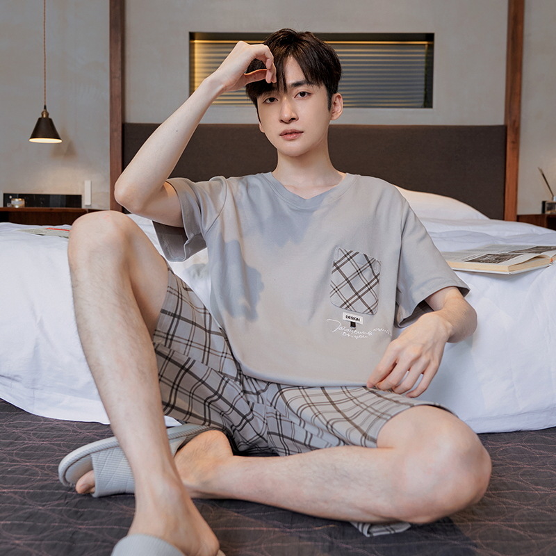 Pijama de algodón de los hombres de verano cortos de manga corta de algodón de alta calidad Juventud más tamaño de verano Plaid