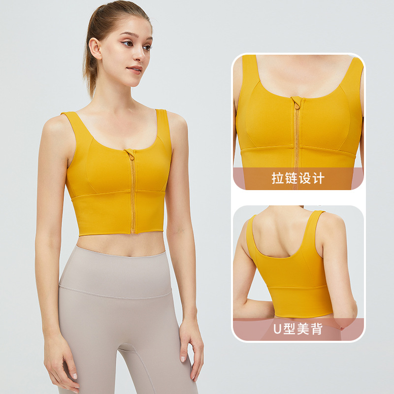 En stock nuevo europeo y americano de doble cara cepillado yoga deportes ropa interior Mujer cremallera frontal fitness absorción de golpes Sujetador deportivo