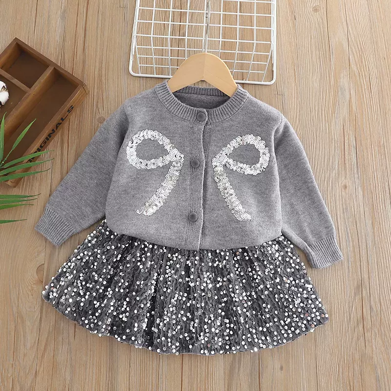 女童毛衣套装秋冬2025新款洋气亮片蝴蝶结针织衫两件套半裙+上衣