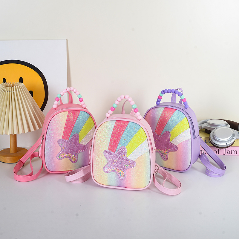 Cute cartoon rainbow princess backpack for kindergarten girls, 1-3 year olds, perfect for outings.
