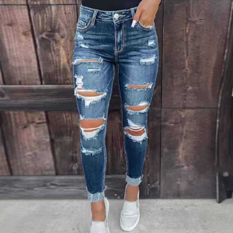 European and American Style Blue Ripped Skinny Jeans Lazada Meike Duo Temu Amazon Ozon 2026 Spring New Model