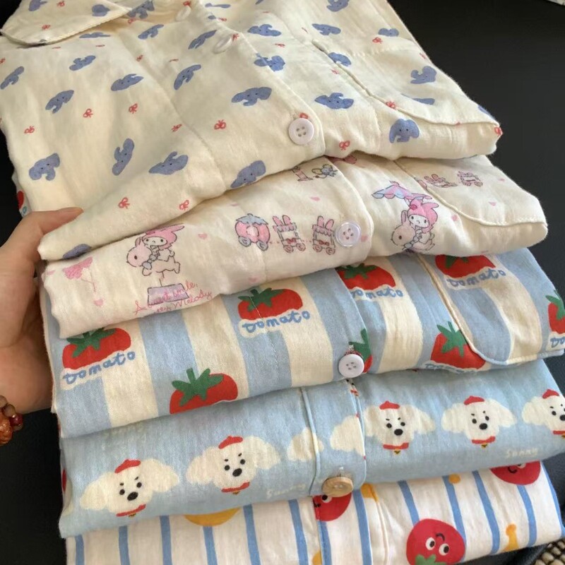 Autumn New Arrivals! Class a Cotton Double-Layer Yarn Home Wear Women's Lapel Long-Sleeved Pants Pajamas Set Can Be Worn Outside