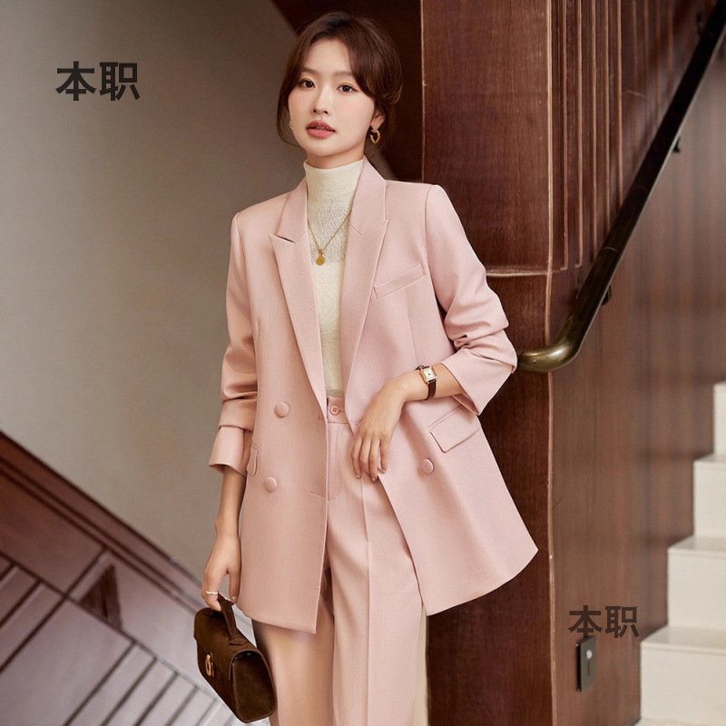 [Premium Pink] Double-Breasted Suit Set for Women, Autumn and Winter, Mature Style, Mid-Length Casual Blazer Workwear