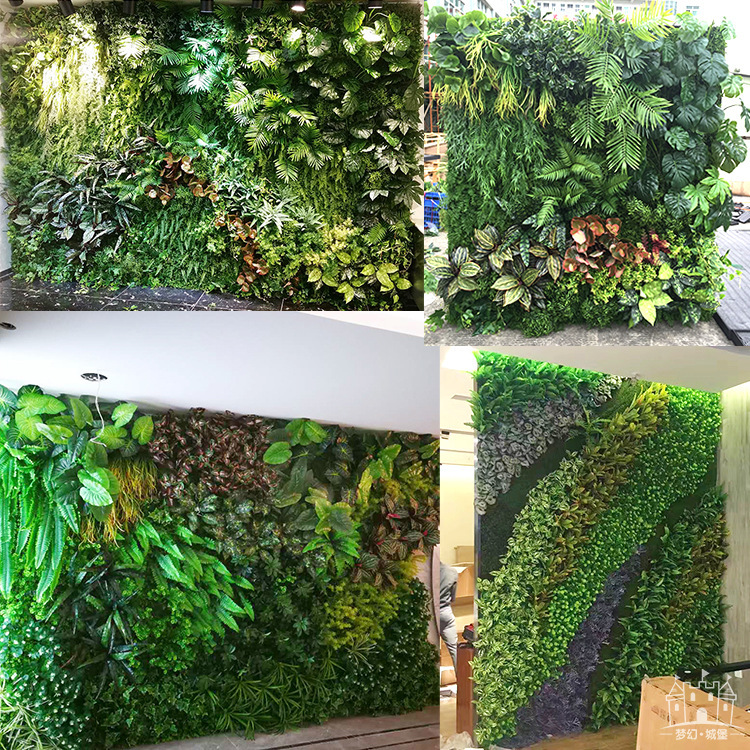Planta artificial pared Fondo pared puerta tienda letrero decoración flor pared verde plástico falso flor eucalipto planta verde pared