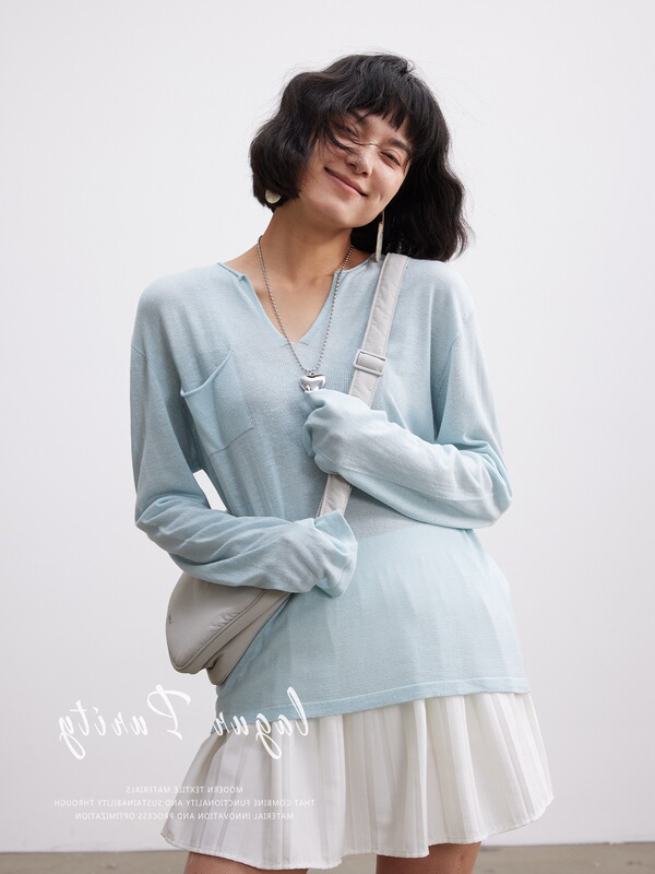"Fresh and Healing" Summer Lightweight Tencel Linen Sunscreen Cover-Up Women's Long Sleeve V-Neck Summer Thin T-Shirt Top