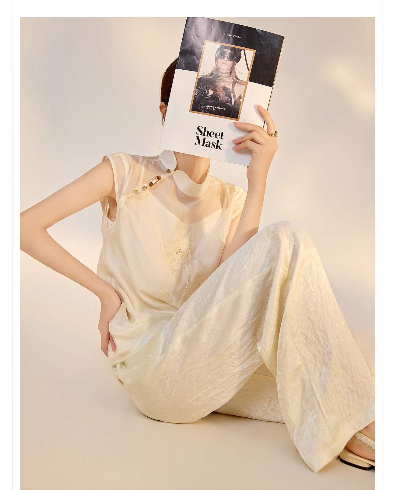 Quần culottes nữ ống rộng chất acetate phong cách Trung Quốc mới — Màu vàng, Màu hồng, Màu trắng chi tiết 6