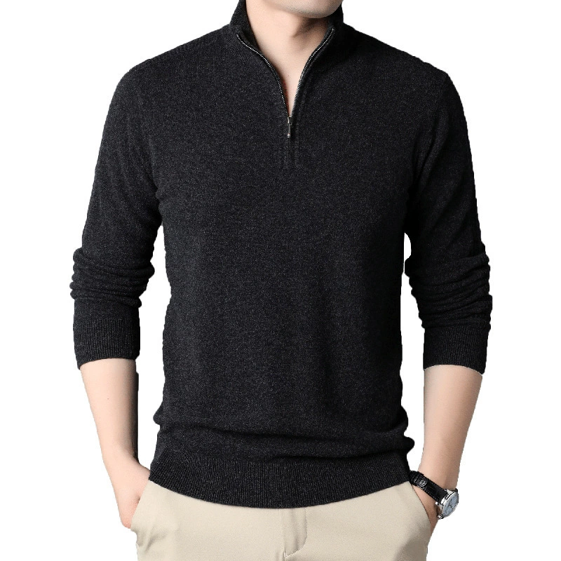 Colored woolen men's demi-season keep warm knitted sweater with zipper, 2021 collection, slim fit