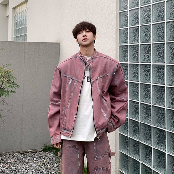 Dopamine Pink Denim Jacket Suit Men's Painted Pleated American High Street Couple Trendy Brand Two-Piece Set